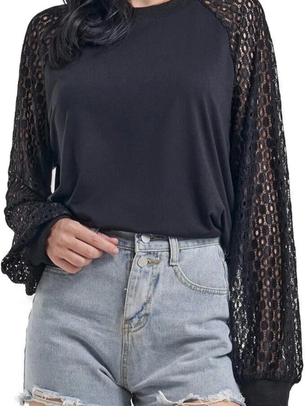MIHOLL Women’s Waffle Knit Long Sleeve Top | Black Lace Sleeves | XL 0019